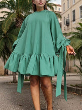 Falbala Solid Color Long Sleeves Loose Stand Collar Mini Dresses