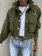 Buttoned Drawstring Pockets Solid Color Split-Joint Zipper Long Sleeves Loose Stand Collar Outerwear Jackets