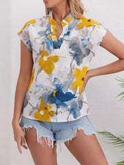 Comfort Contrast Color Flower Print Loose Short Sleeves V-Neck Blouses&Shirts Tops