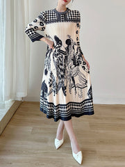 Pleated Printed A-Line Loose Round-Neck Midi Dresses