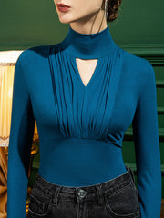 Hollow Pleated Solid Color Long Sleeves Plus Size Mock Neck T-Shirts Tops