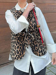 Lace-Up Leopard Split-Joint Loose Sleeveless V-neck Vest Outerwear