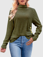 Buttoned Pleated Solid Color Long Sleeves Loose High Neck T-Shirts Tops