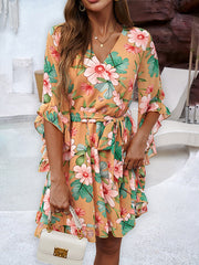 Flower Print Ruffle Trim Split-Joint Tied Waist Flared Sleeves Half Sleeves V-neck Mini Dresses