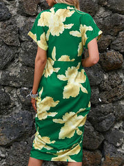 Buttoned Flower Print Pleated Tied Waist Raglan Sleeve Short Sleeves Lapel Shirt Dress Midi Dresses