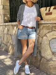 Contrast Color Striped Long Sleeves Loose Collarless Cardigan Coats