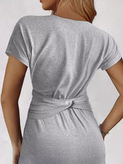Buttoned Knot Pleated Solid Color Raglan Sleeve Skinny Round-Neck T-Shirts Tops