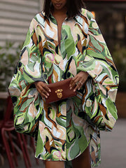 Buttoned Elasticity Printed Long Sleeves Loose Lapel Shirt Dress Midi Dresses