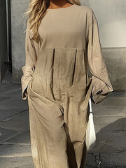 Pleated Pockets Split-Joint Long Sleeves Loose Round-Neck Jumpsuits