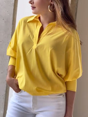 Solid Color Loose Puff Sleeves Lapel Blouses&Shirts Tops