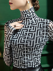 Gauze Printed Long Sleeves Skinny High-Neck T-Shirts