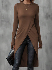 Solid Color Bodycon High-Low Round-Neck T-Shirts Tops