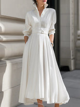 Long Sleeves Loose Belted Pockets Solid Color Stand Collar Maxi Dresses