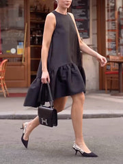 Falbala Solid Color High-Low Loose Round-Neck Midi Dresses