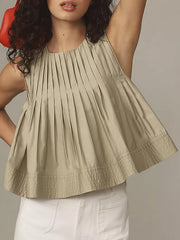 Pleated Solid Color Split-Joint Zipper Loose Sleeveless Round-neck Vest Top