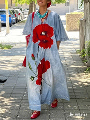 Flower Print Half Sleeves Loose V-Neck Maxi Dresses