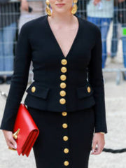 Buttoned Split-Joint Long Sleeves Loose Deep V-Neck Midi Dresses