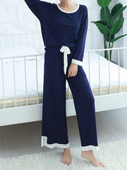 Contrast Color Long Sleeves Loose Round-neck Two Pieces Pajama Set