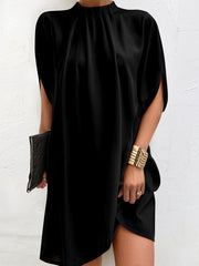 Loose Short Sleeves Solid Color Stand Collar Mini Dresses