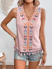 Embroidered Tasseled Loose Sleeveless V-Neck Vest Top