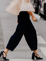 Solid Color Split-Joint High Waisted Loose Trousers Pants Ninth Pants