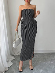 Contrast Color Sleeveless Striped Tube Top + Split-Side Drawstring Bodycon Skirts Bottom Two Pieces Set