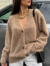 Buttoned Solid Color Long Sleeves Loose V-Neck Cardigan Tops