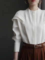 Pleated Solid Color Split-Joint Batwing Sleeves Loose Round-Neck Blouses