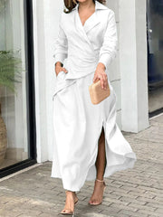 Solid Color Split-Side Loose Notched Collar Maxi Dresses