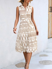Buttoned Printed Tied Waist Sleeveless Lapel Collar Midi Dresses