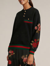 Buttoned Contrast Color Flower Print Split-Joint Long Sleeves Round-Neck Sweatshirt Tops