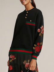 Buttoned Contrast Color Flower Print Split-Joint Long Sleeves Round-Neck Sweatshirt Tops