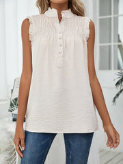 Pleated Solid Color Loose Sleeveless Stand Collar Vest Top
