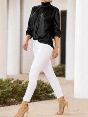 Shiny Solid Color Loose Three-quarter Sleeves High-neck Blouses&shirts Tops