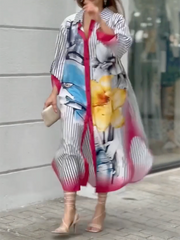 Long Sleeves Loose Asymmetric Printed Striped Lapel Collar Midi Dresses