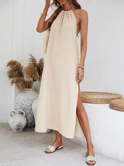 Backless Elasticity Pleated Solid Color Split-Side Tied High Waisted Loose Halter-Neck Midi Dresses