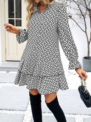 Lace-Up Printed Split-Joint Long Sleeves Loose Stand Collar Mini Dresses