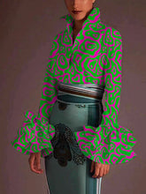 Falbala Flared Sleeves Printed Lapel Collar Blouses&Shirts Tops