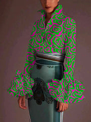 Falbala Flared Sleeves Printed Lapel Collar Blouses&Shirts Tops