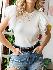 Split-Joint Ruffle Sleeves Skinny Round-Neck T-Shirts Tops