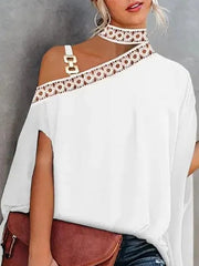 Asymmetric Chains Hollow Split-Joint Batwing Sleeves Loose One-shoulder Blouses&shirts Tops