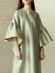 Falbala Solid Color Flared Sleeves Wrap Round-Neck Midi Dresses