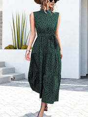 Casual Loose Sleeveless Tied Contrast Color Polka-Dot Stand Collar Maxi Dresses
