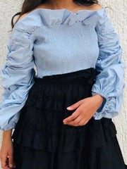 Elasticity Ruffle Trim Solid Color Split-Joint Long Sleeves Loose Off-The-Shoulder Blouses&Shirts Tops