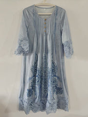 Flower-Embellished Buttoned Contrast Color Split-Joint A-Line Long Sleeves V-Neck Midi Dresses