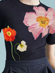 Floral Printed Split-Joint Short Sleeves Skinny Round-Neck T-Shirts