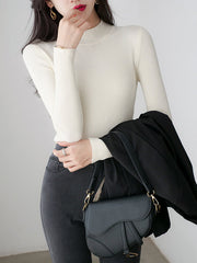 Simple Long Sleeves Skinny Solid Color High-Neck Pullovers