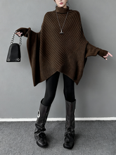 Asymmetric Ribbed Knit Solid Color Split-Joint Batwing Sleeves Irregularity High Neck Sweater Tops