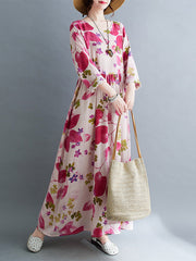 Flower Print Split-Joint Long Sleeves Loose Round-Neck Midi Dresses