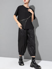 Asymmetric Split-Joint Zipper Loose Short Sleeves Round-neck T-Shirts Tops